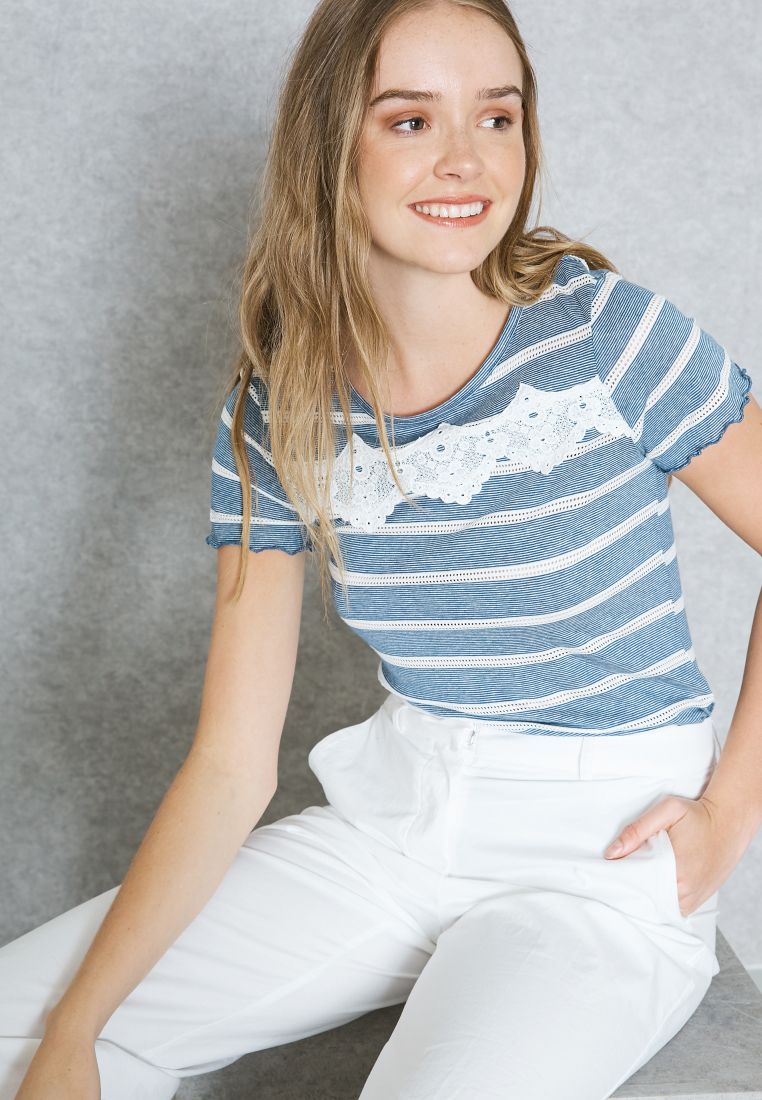 Lace Trim Striped T-Shirt