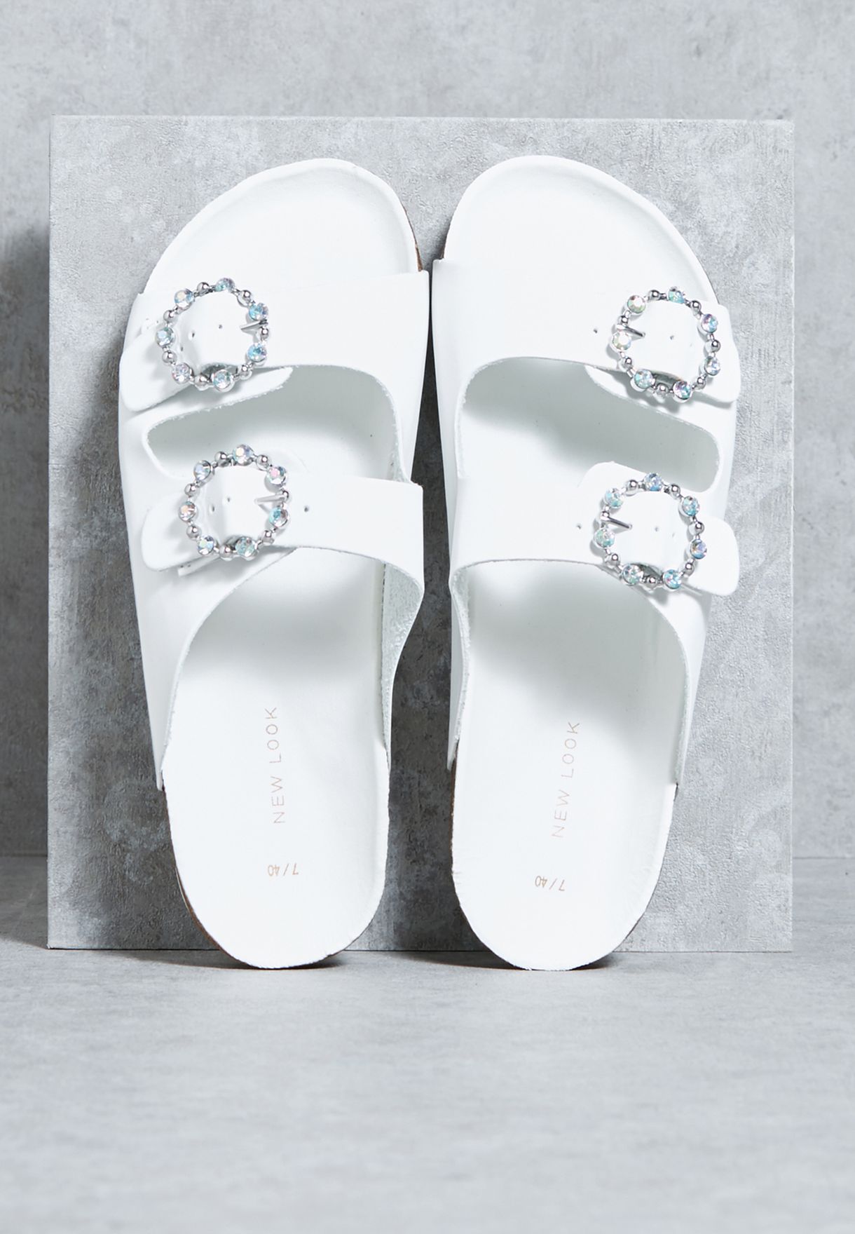 white double strap slides