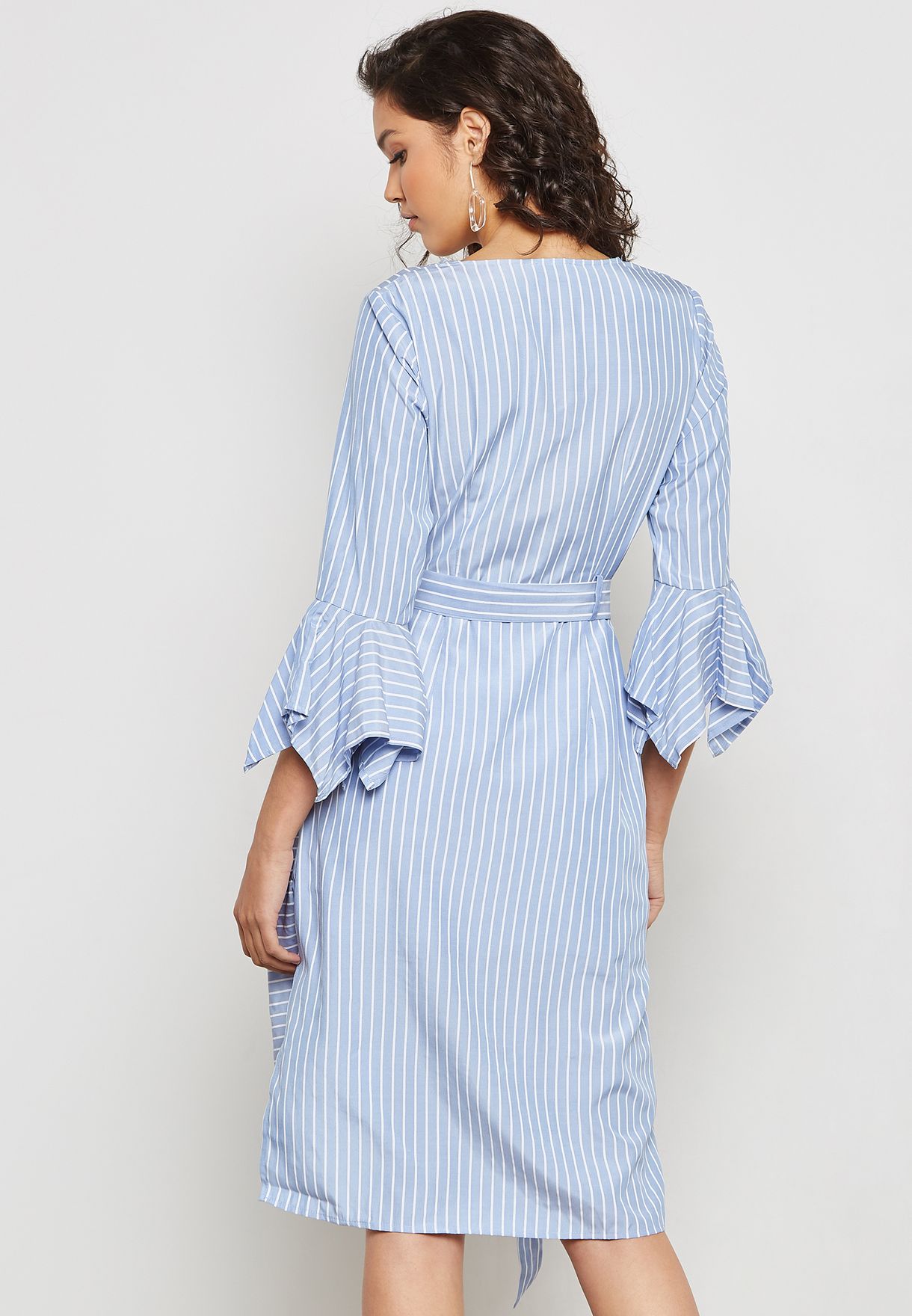 Buy Ella Stripes Striped Wrap Front Ruffle Sleeve Midi Dress For Women