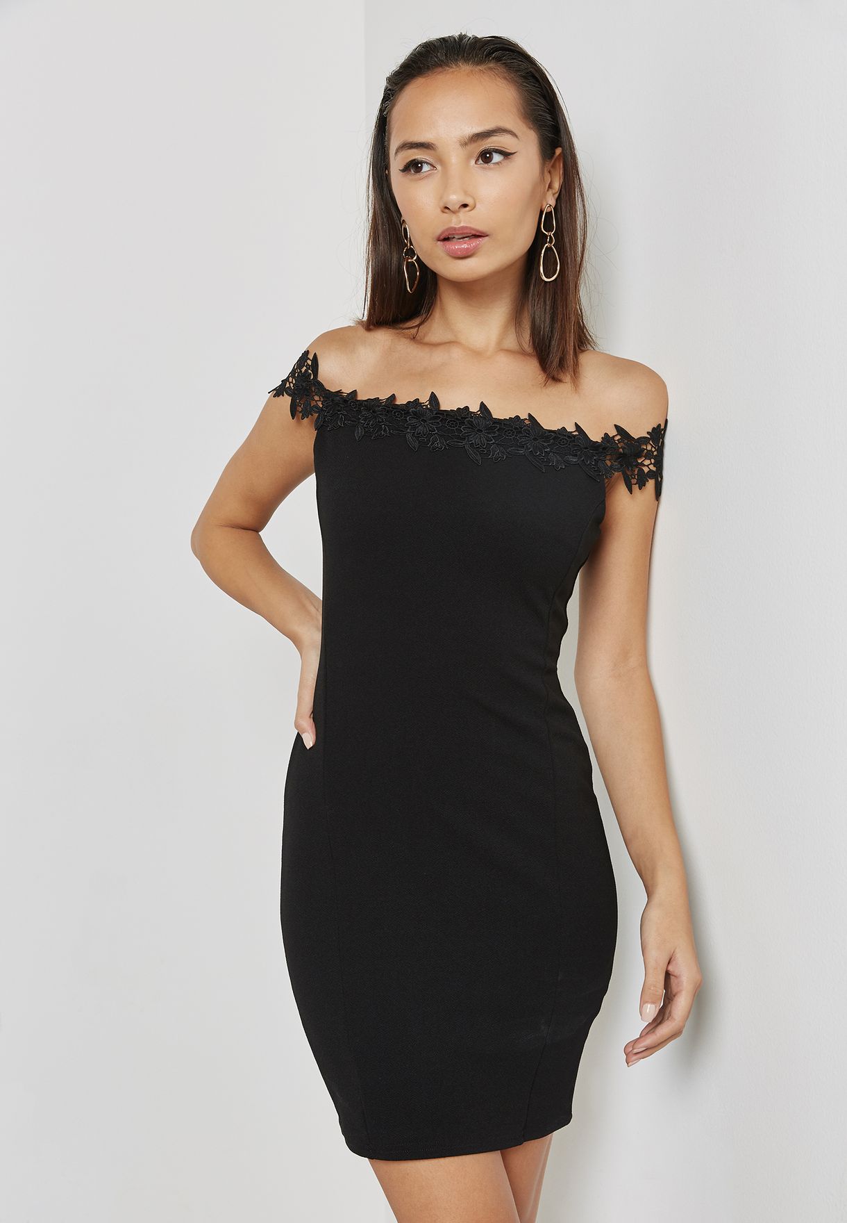 petite black bardot dress