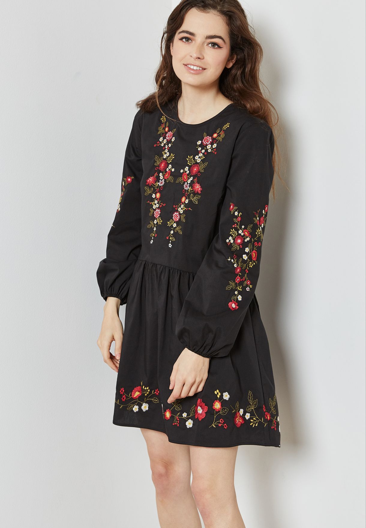 black embroidered skater dress