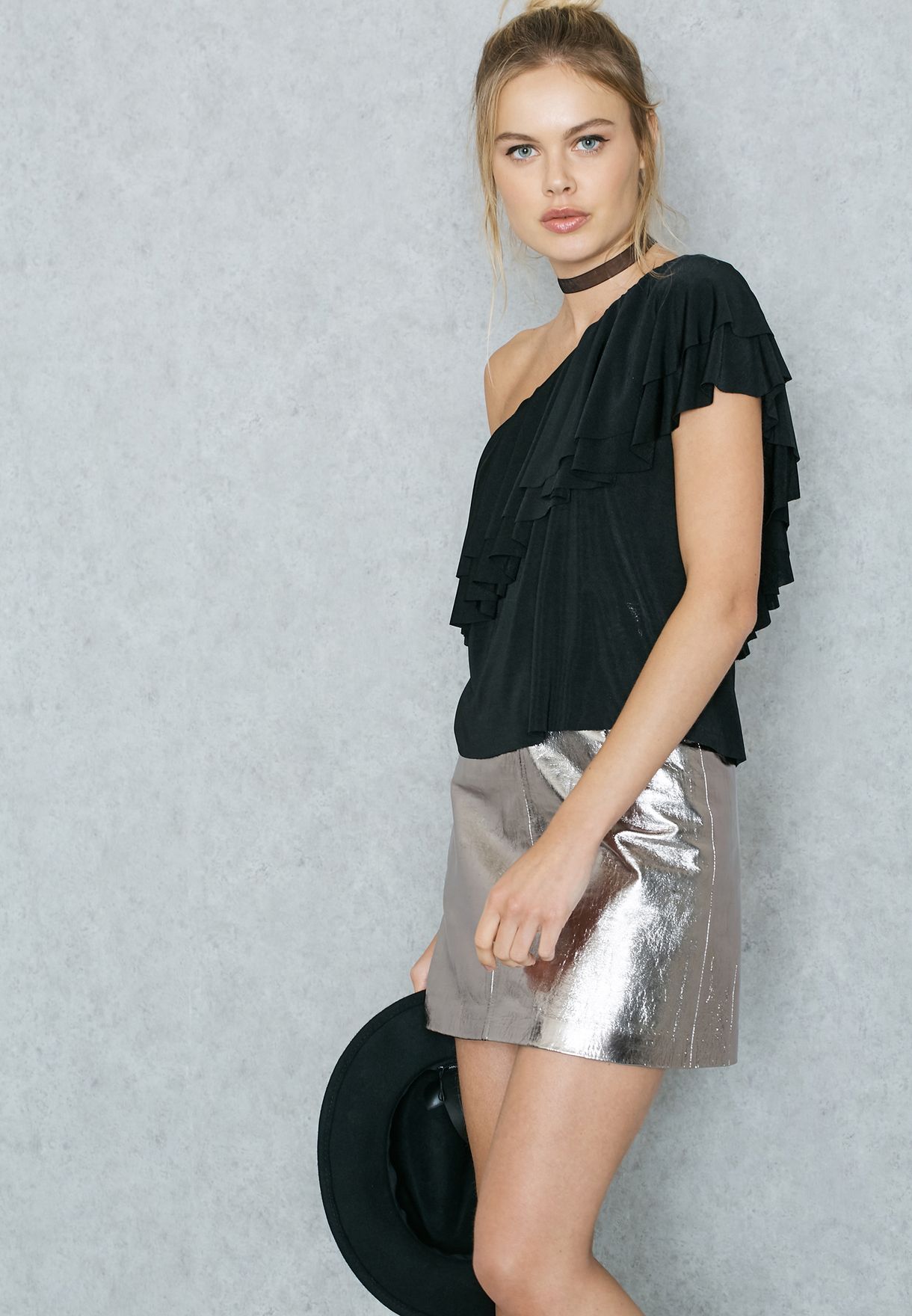 one shoulder black ruffle top