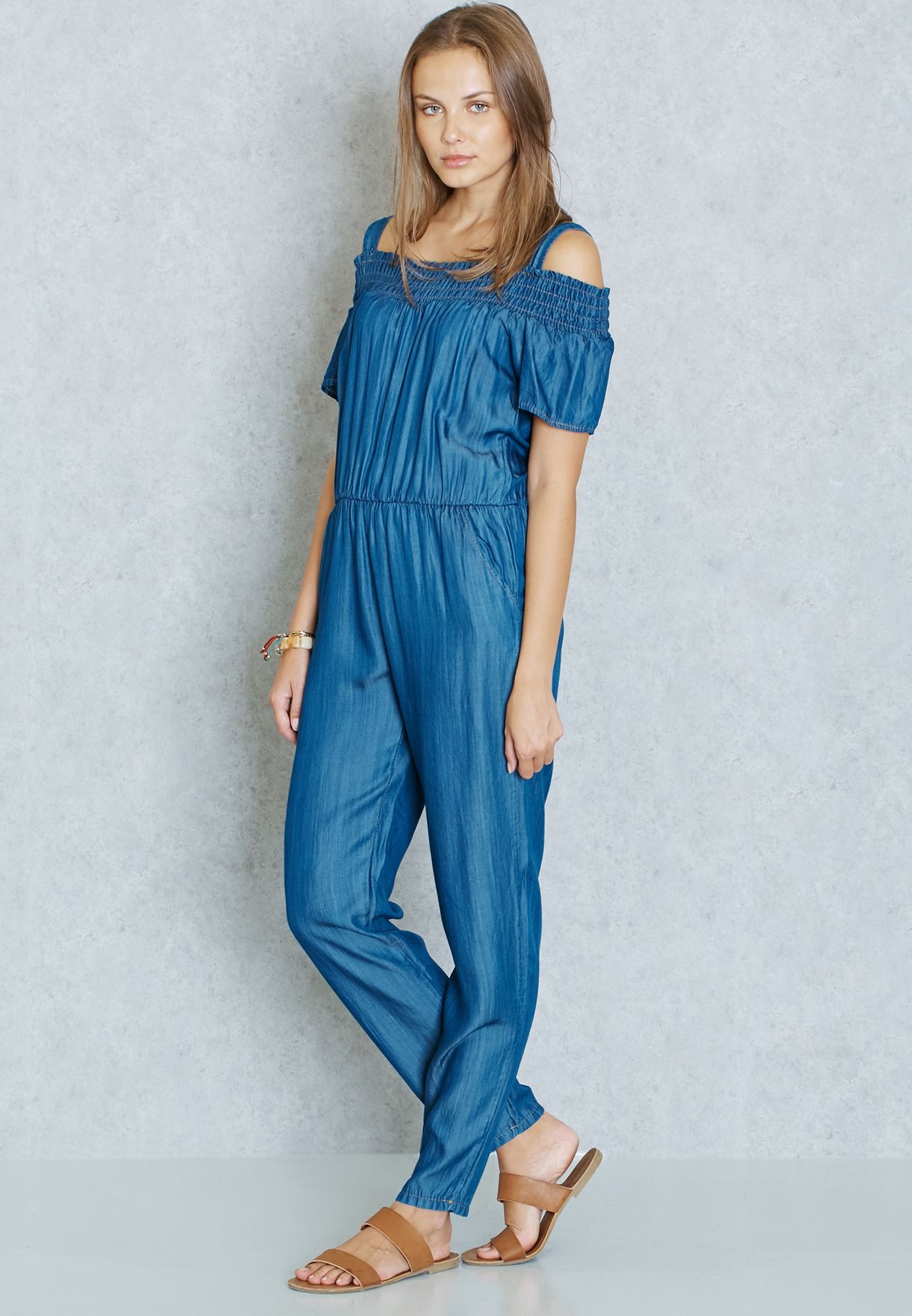 cold shoulder denim jumpsuit