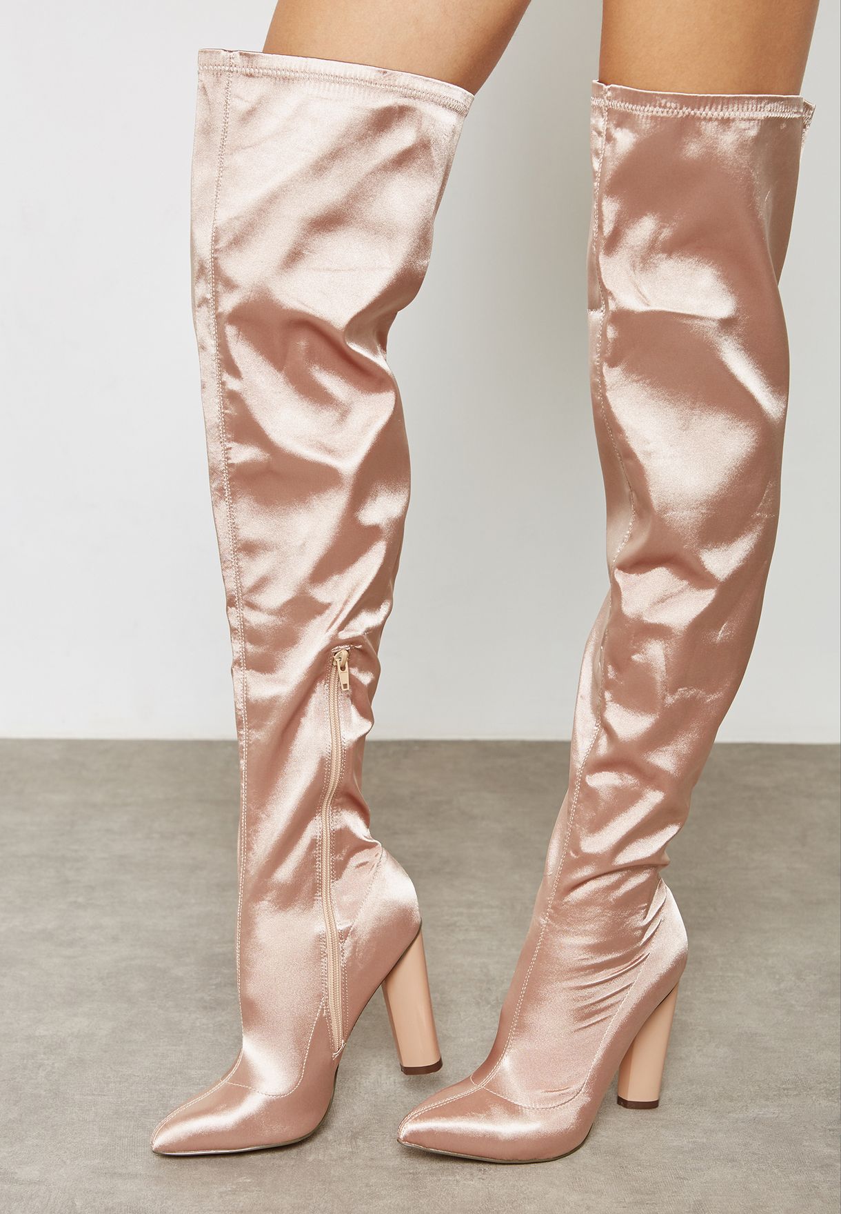 pink satin thigh high boots