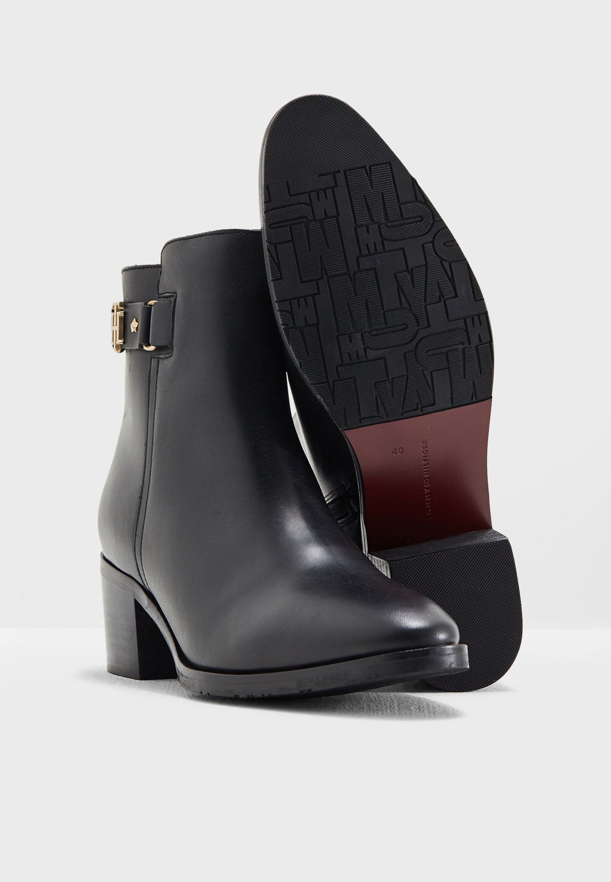 tommy hilfiger th buckle mid heel boot leather