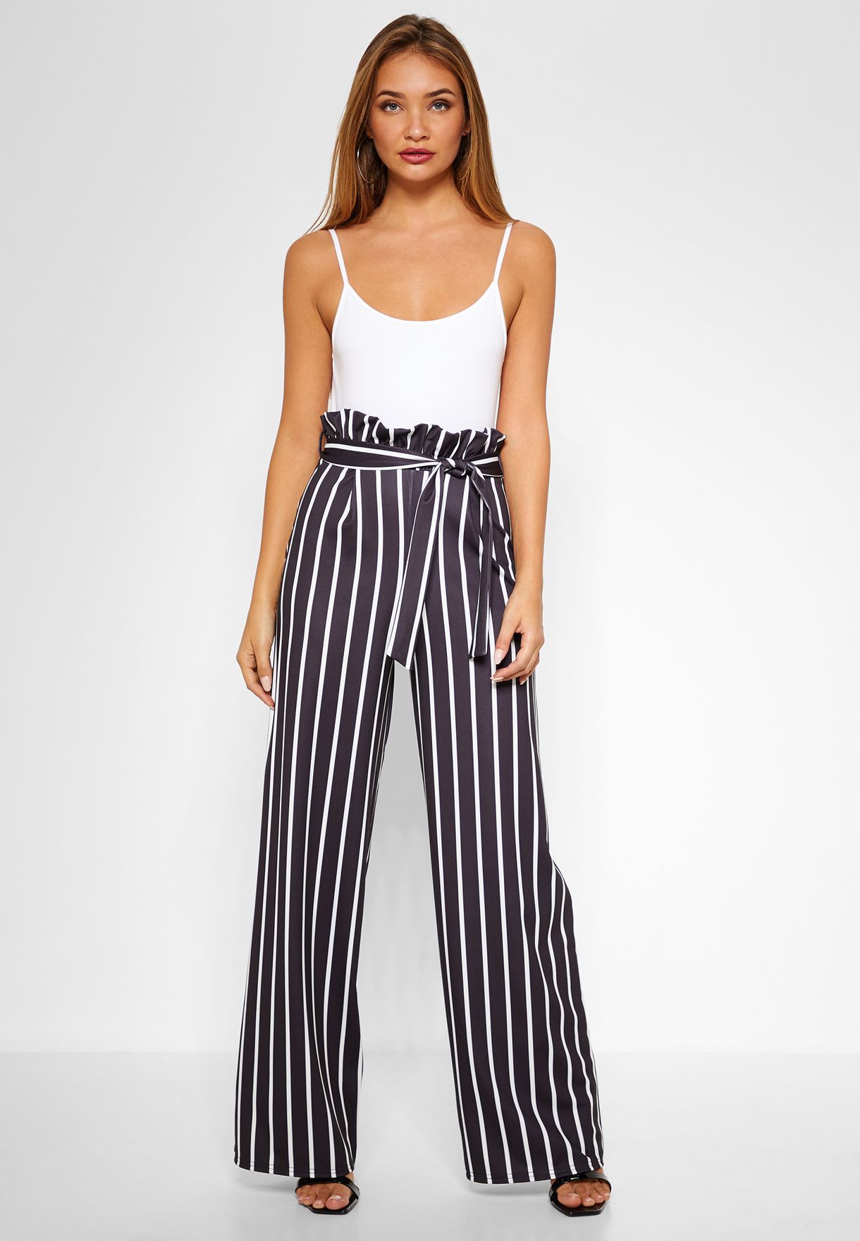 black striped paperbag trousers