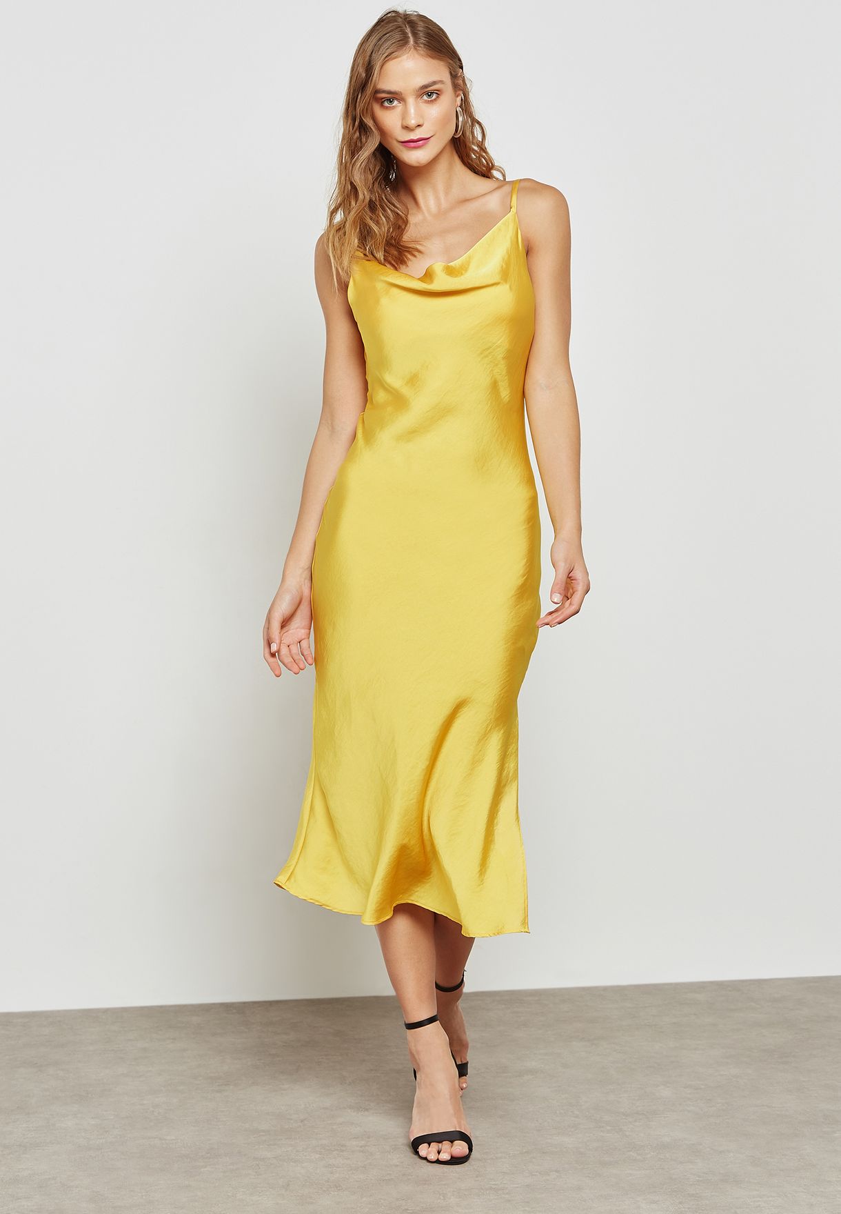 yellow cowl neck slip dress