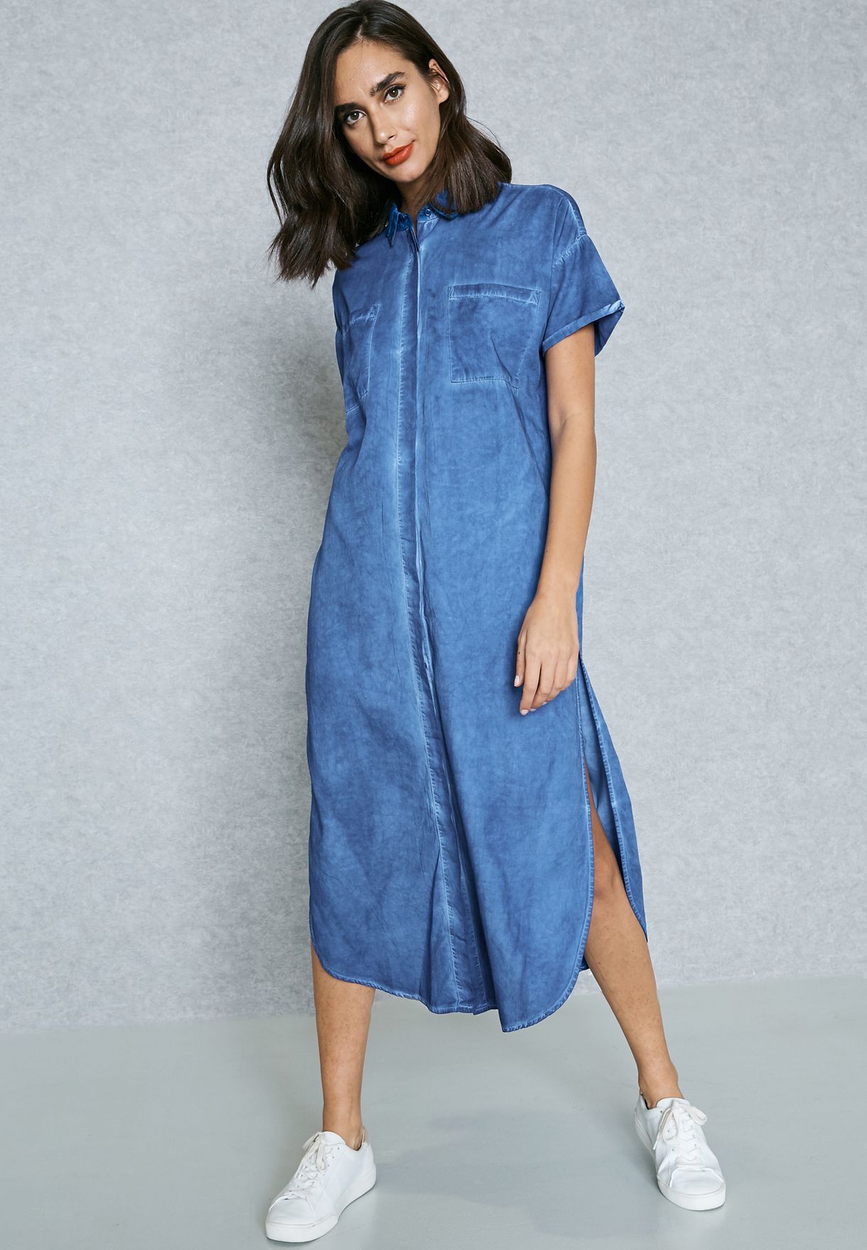 blue chambray shirt dress