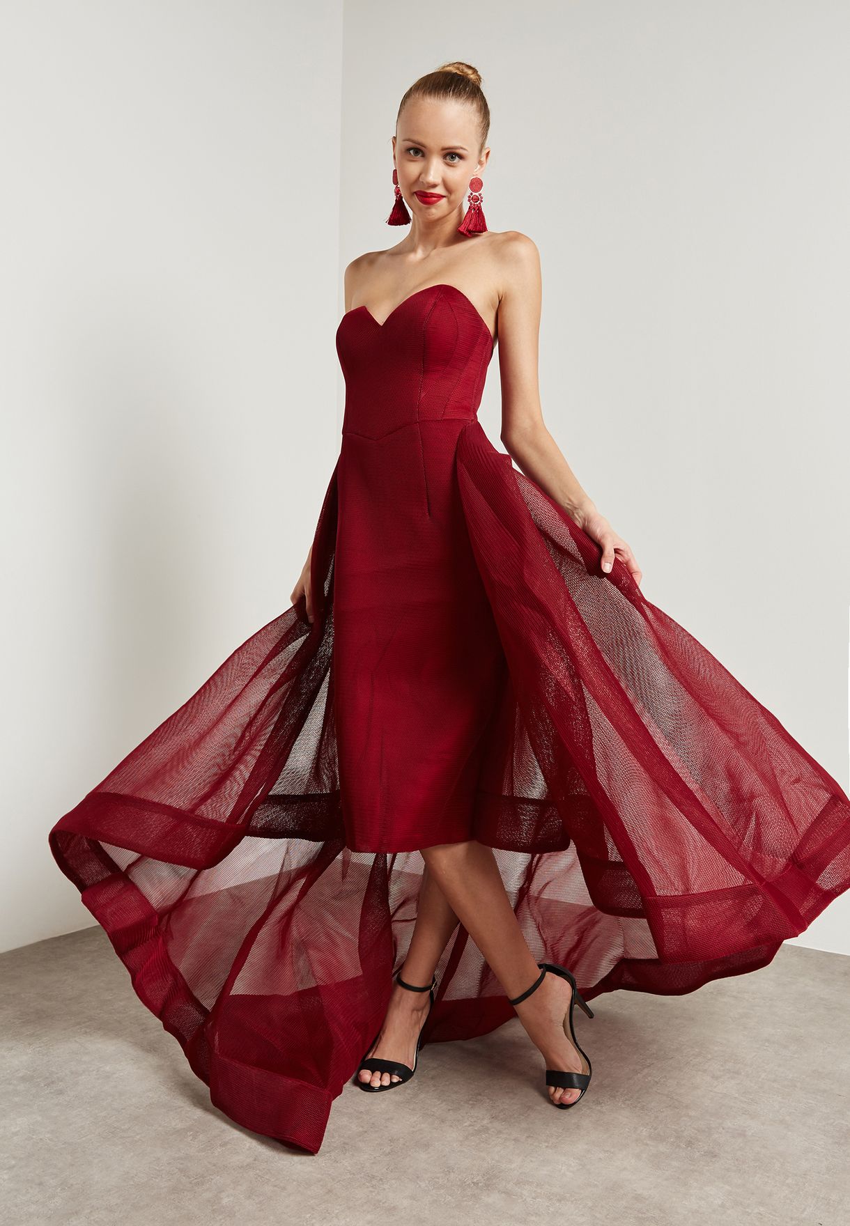 red bandeau maxi dress