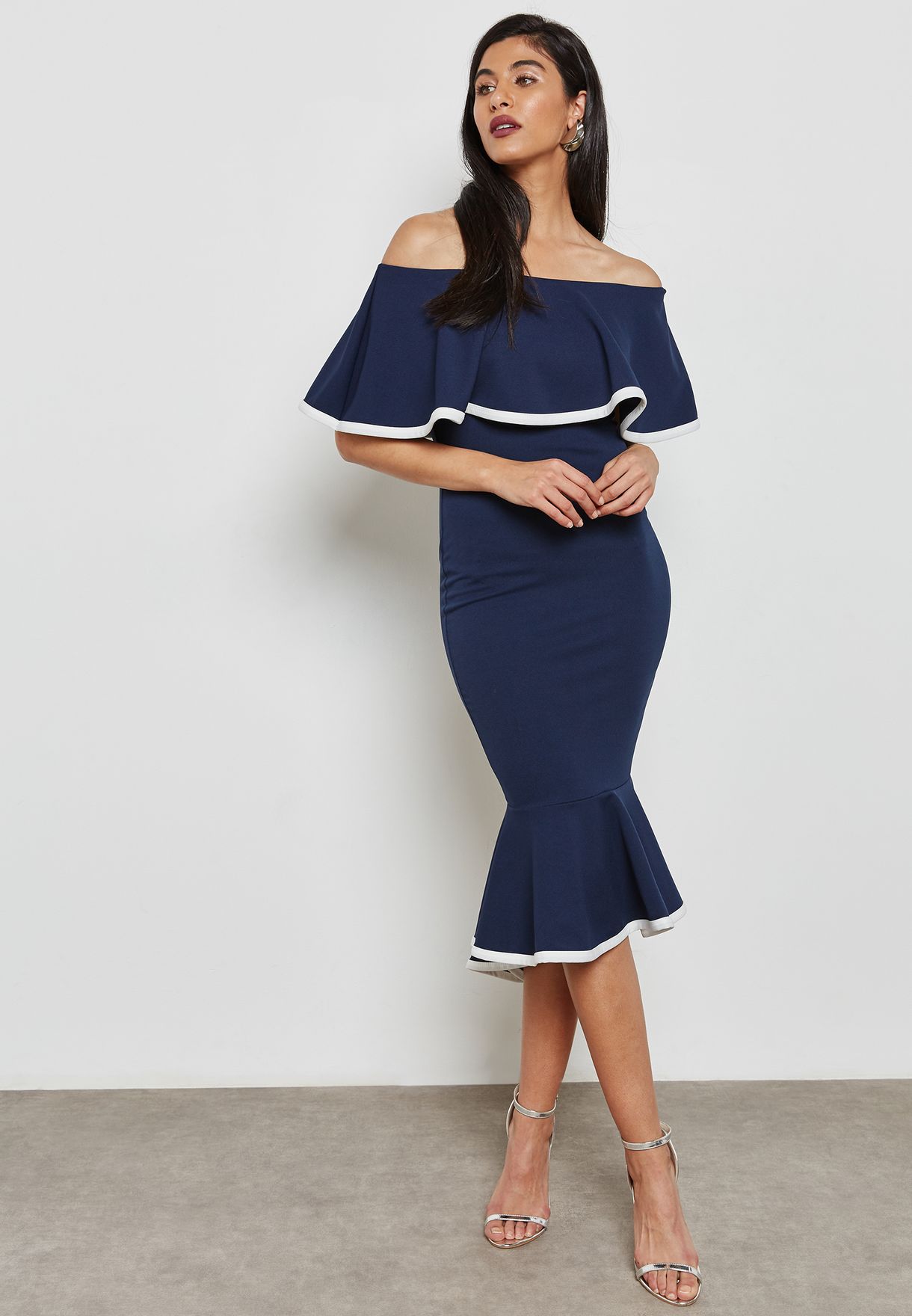 navy bardot midi dress