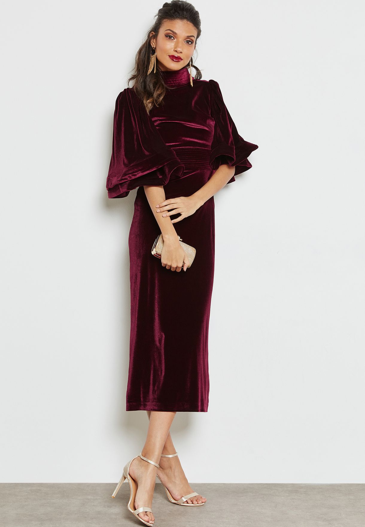 ruffle sleeve velvet dress