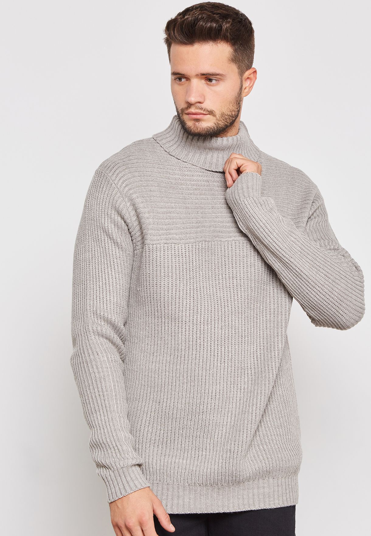 grey ribbed polo neck jumper