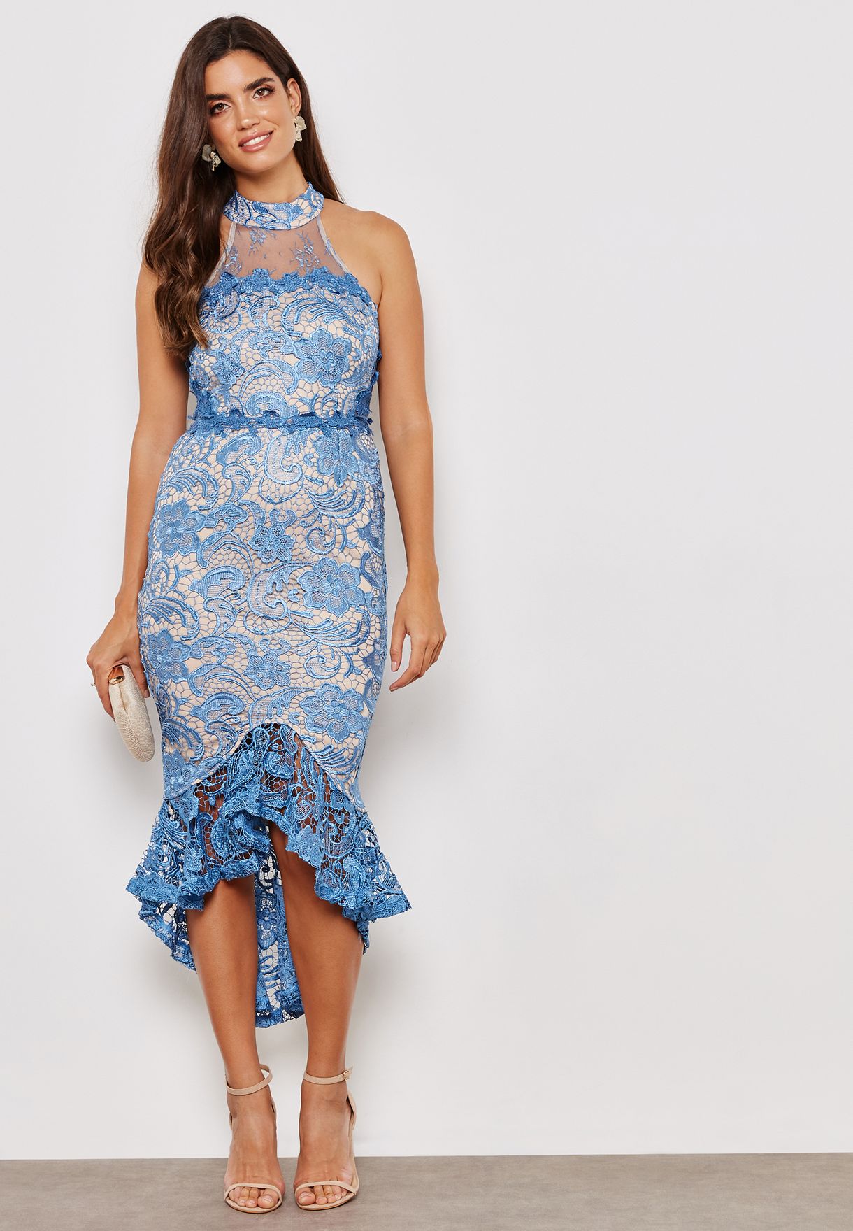 navy lace high neck fishtail midi dress