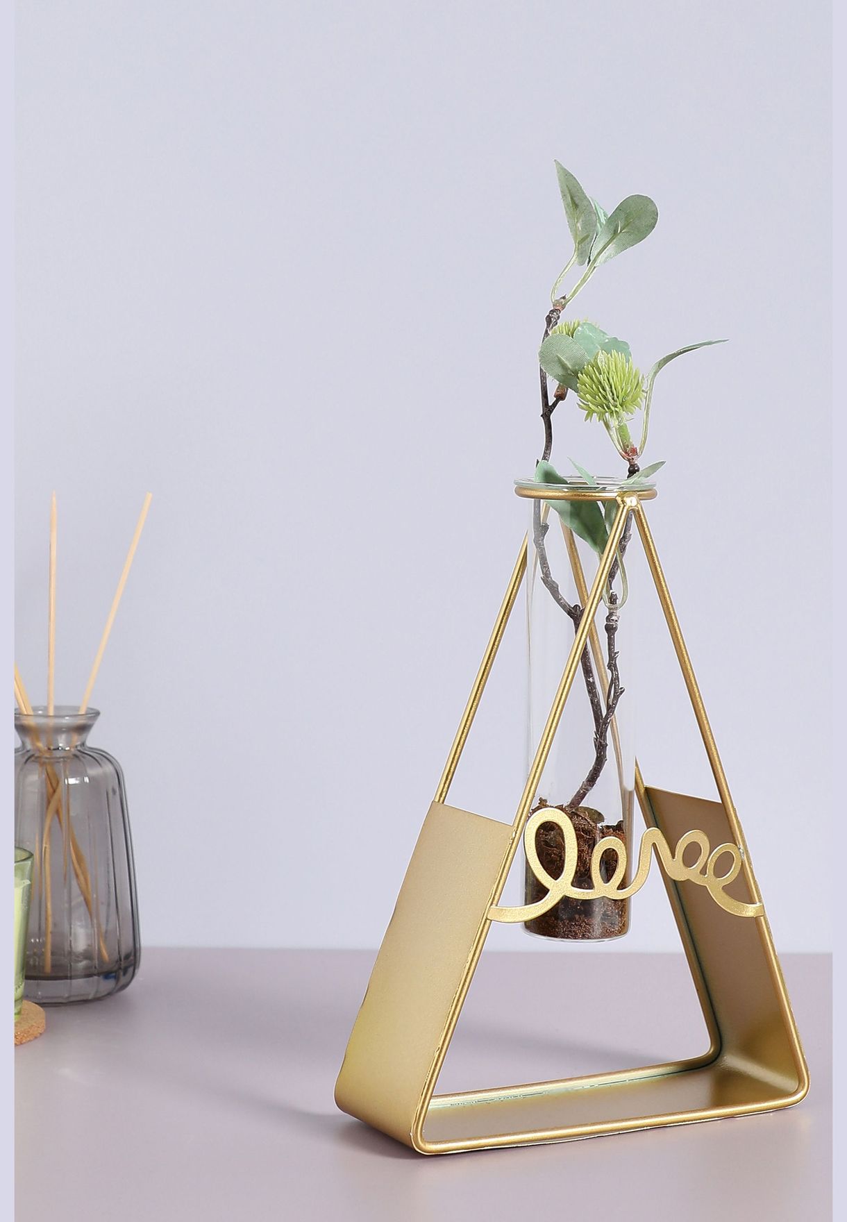 Triangle Shaped Modern Glass Test Tube Metal Flower Vase For Home Decor 