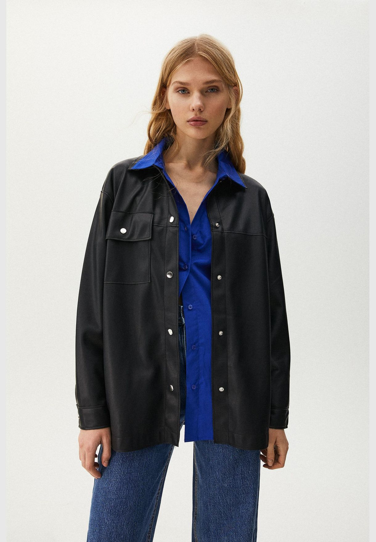 Buy Pull & Bear black Faux leather overshirt with pocket for Women in ...