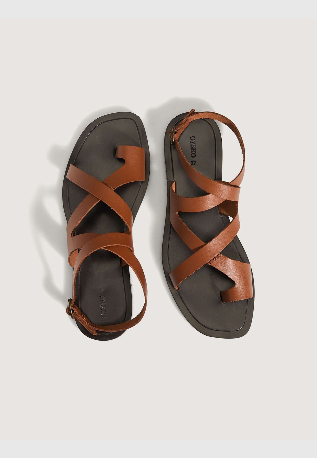 Buy Oysho neutrals Tan leather sandals ...
