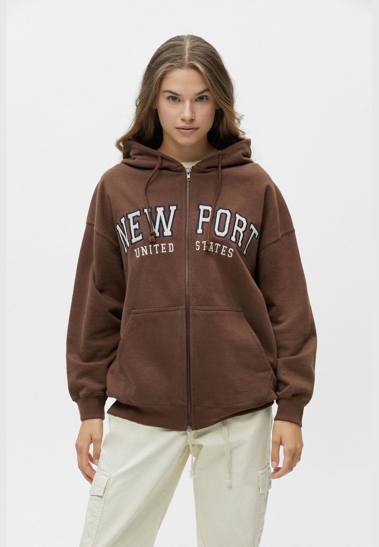 Buy Pull & Bear brown Newport zip-up hoodie for Women in MENA, Worldwide