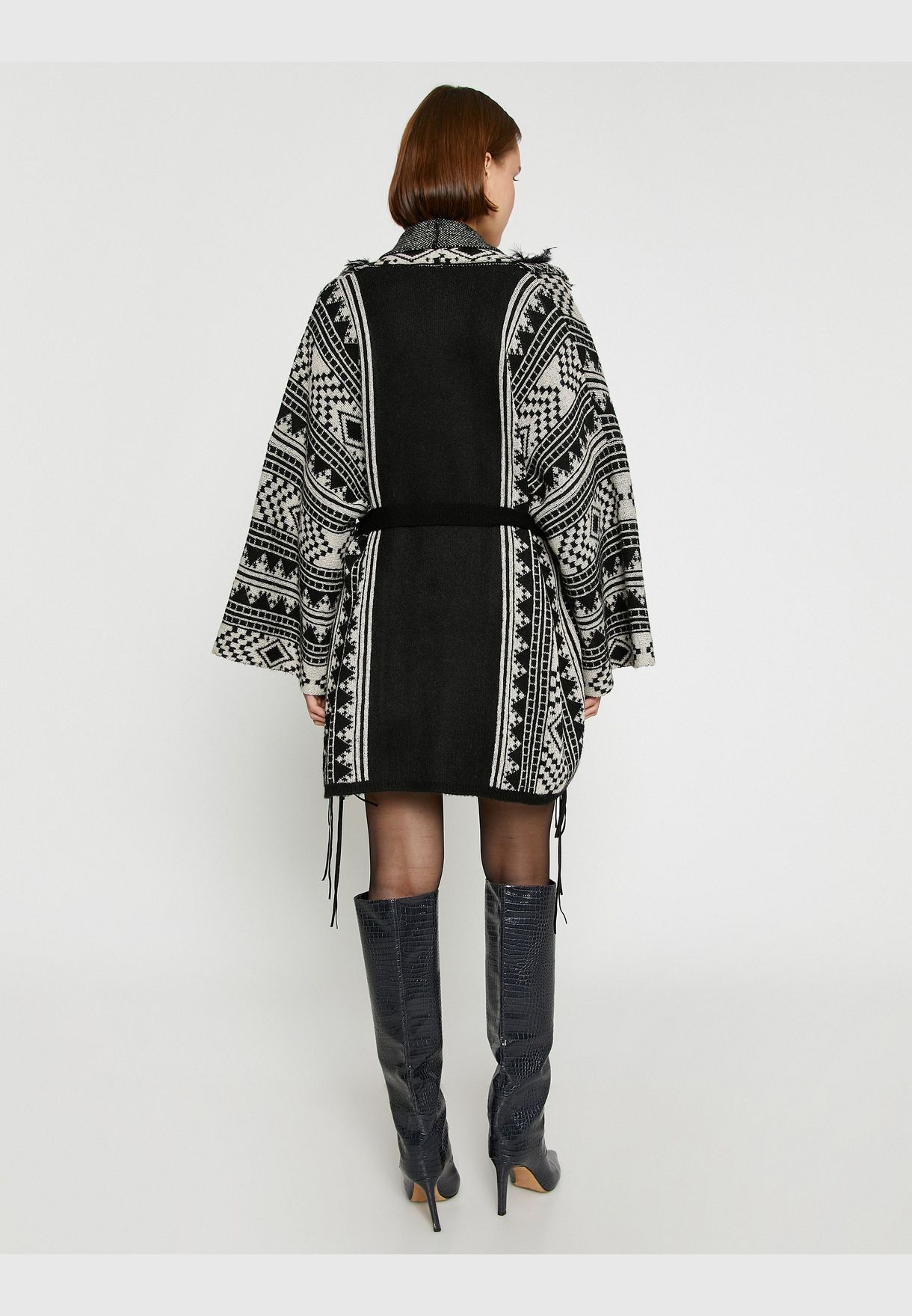 Feather Detail Waistbanded Oversized Cardigan