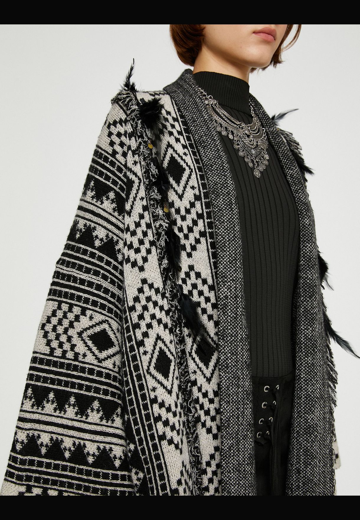 Feather Detail Waistbanded Oversized Cardigan