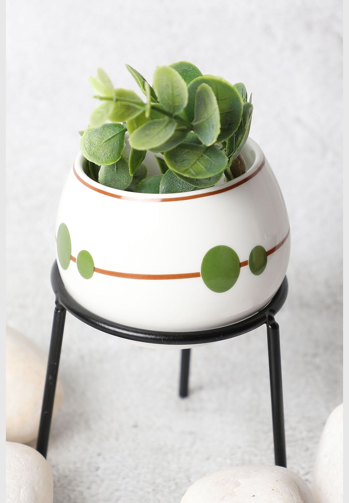 Printed Medium Ceramic Round Planter With Metal Stand For Home Decor 