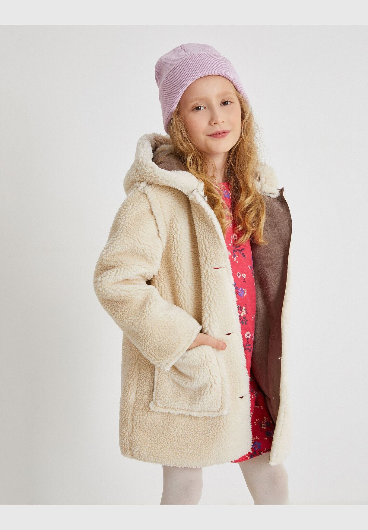 Hooded Plush Coat Double Pocket Button