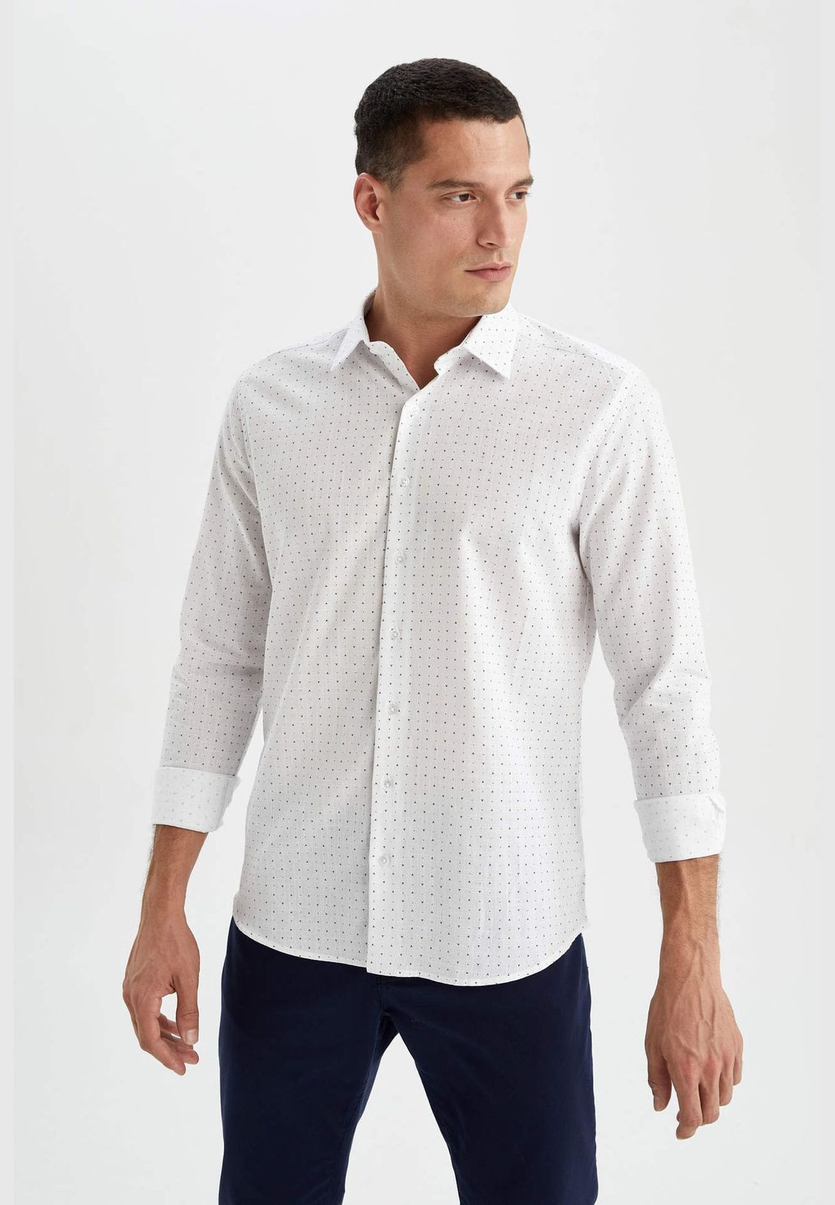 Man Modern Fit italian Neck Woven Top Long Sleeve Shirt