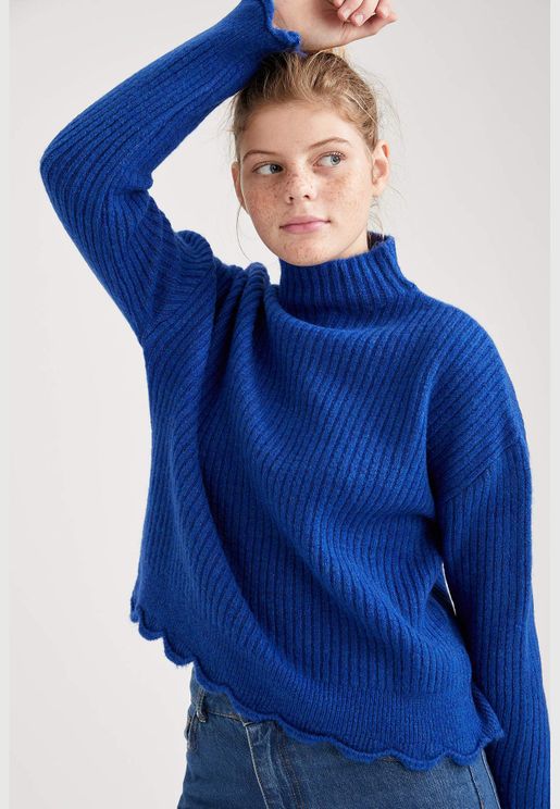 Woman Tricot Regular Fit Half Turtle Neck Pullover