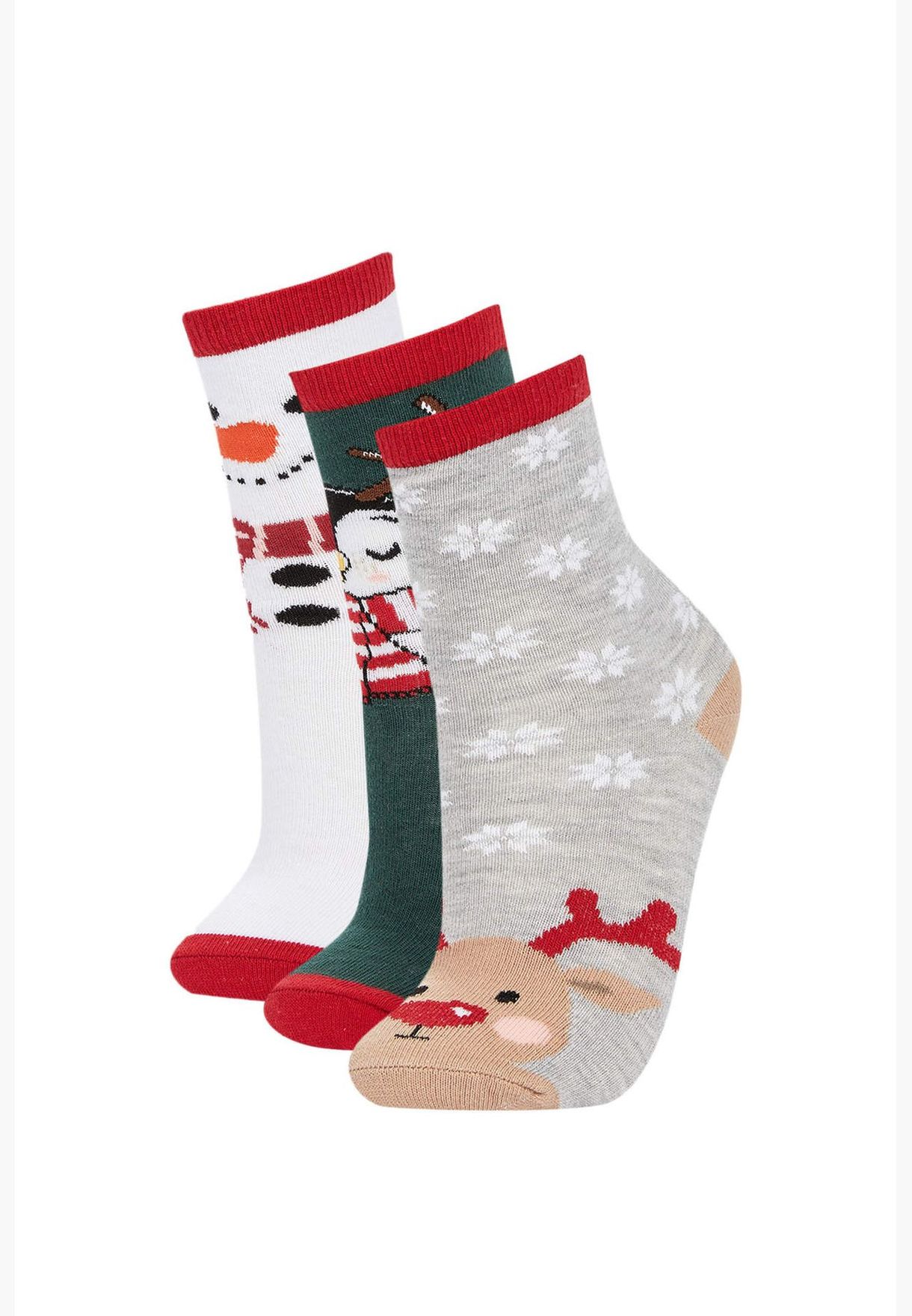 New Year 3 Pack Penguin & Deer Print Long Socks