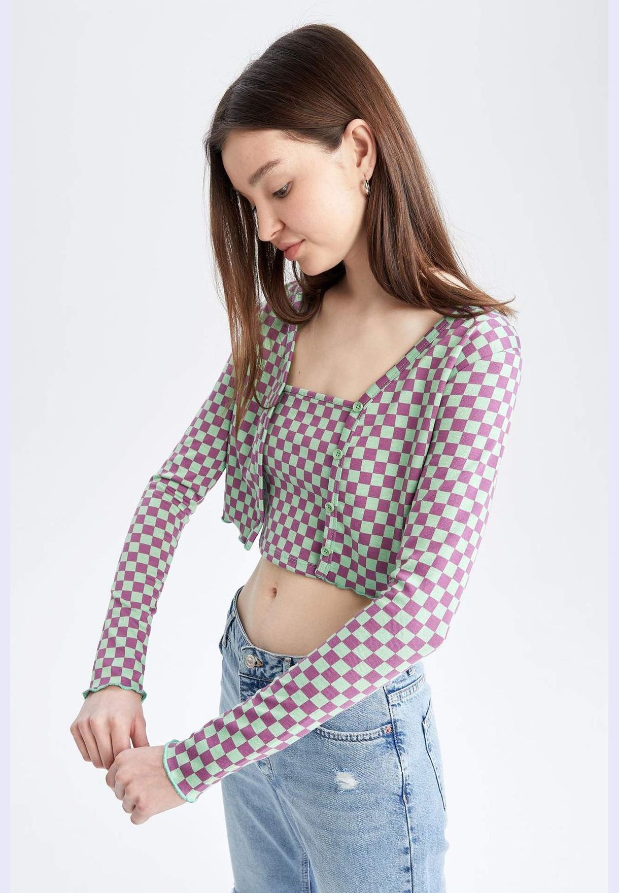 Slim Fit V-Neck Check Print Cardigan