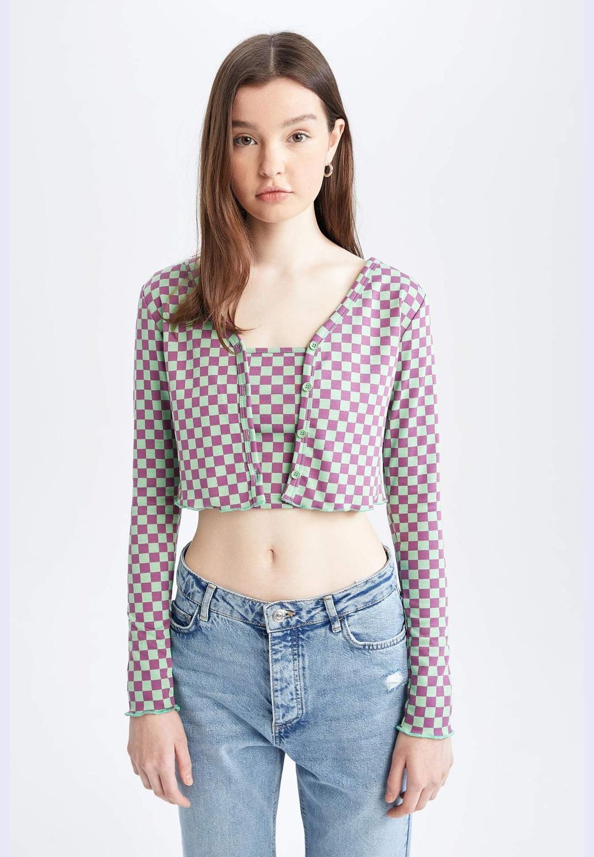 Slim Fit V-Neck Check Print Cardigan
