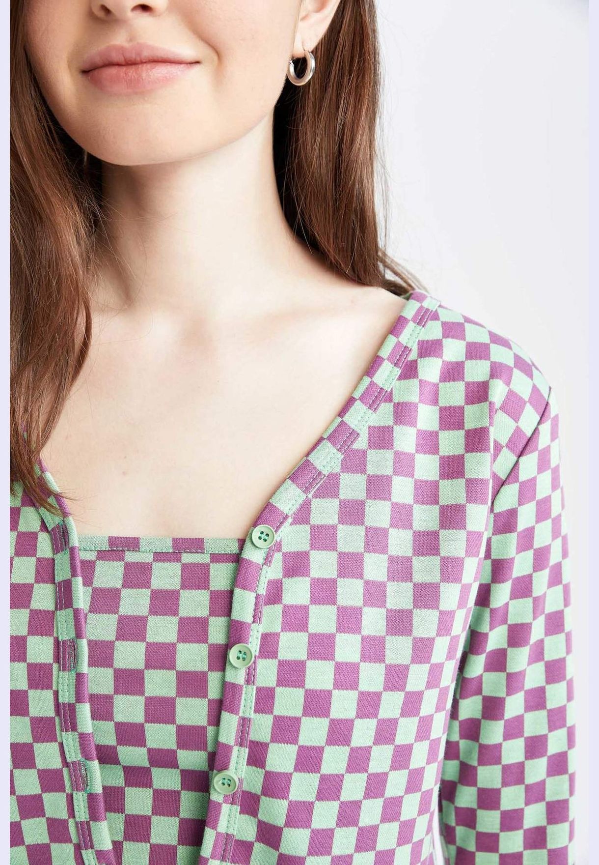 Slim Fit V-Neck Check Print Cardigan