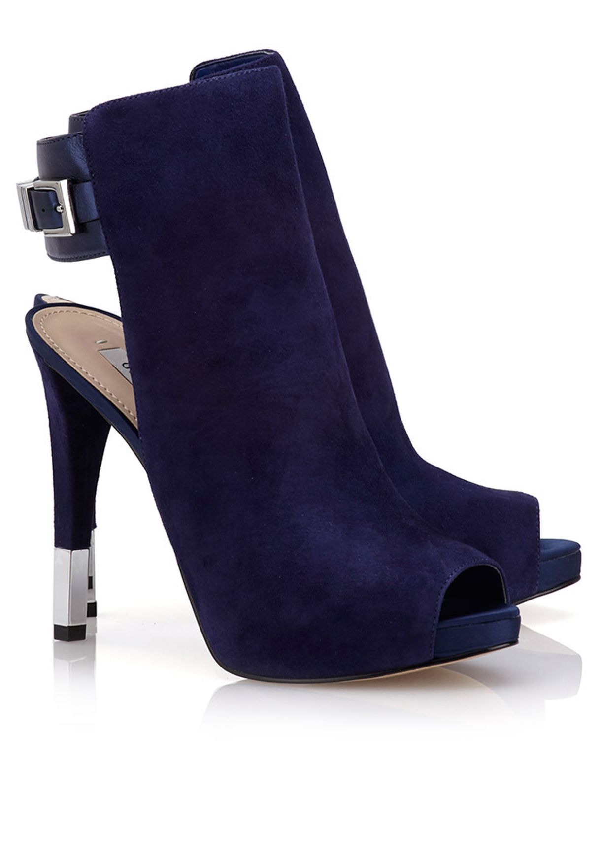 blue suede open toe booties