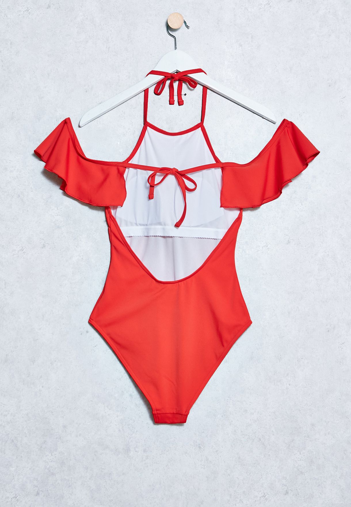 red off shoulder swimsuit