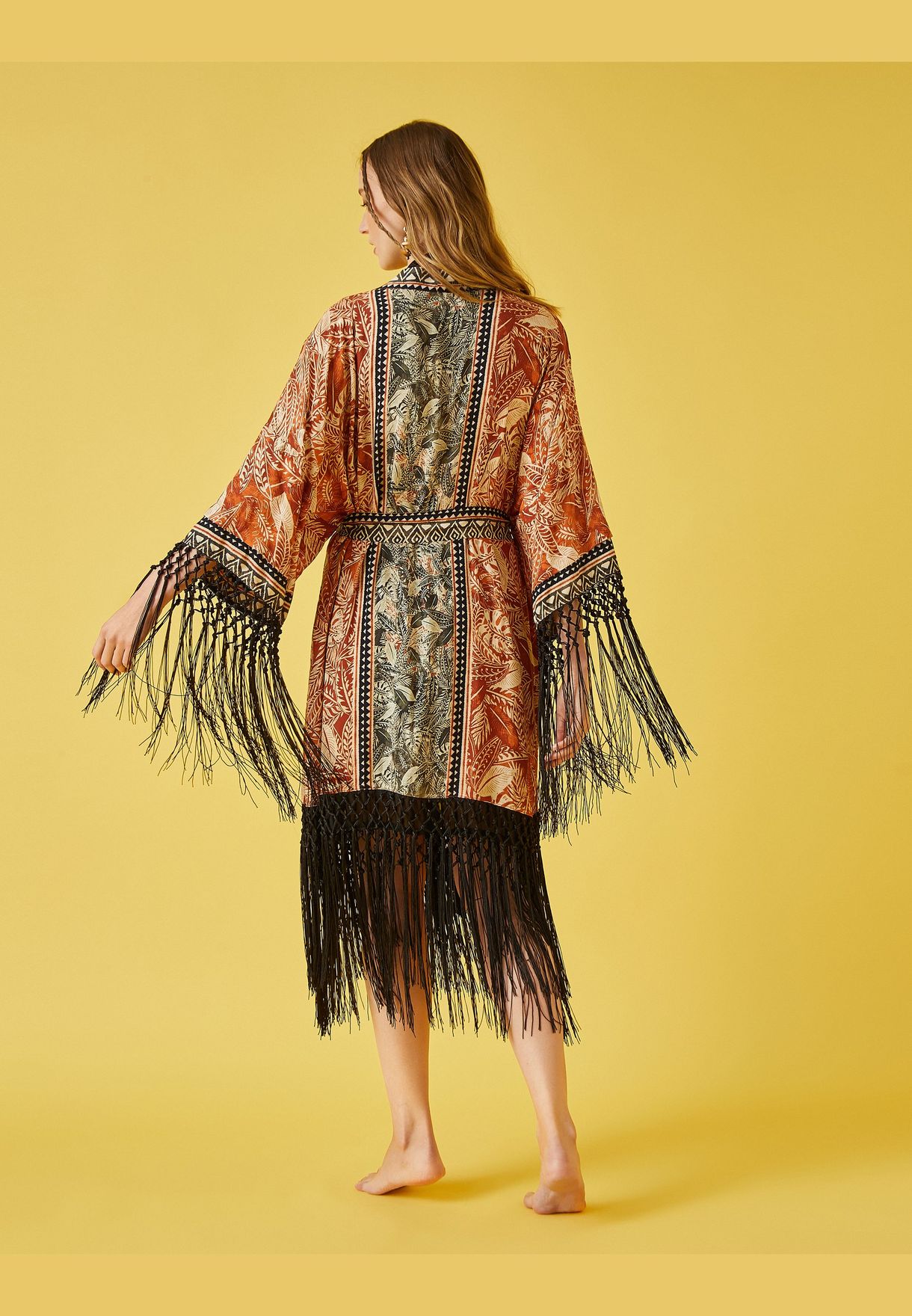 Tie Waist Fringed Patterned Kimonos