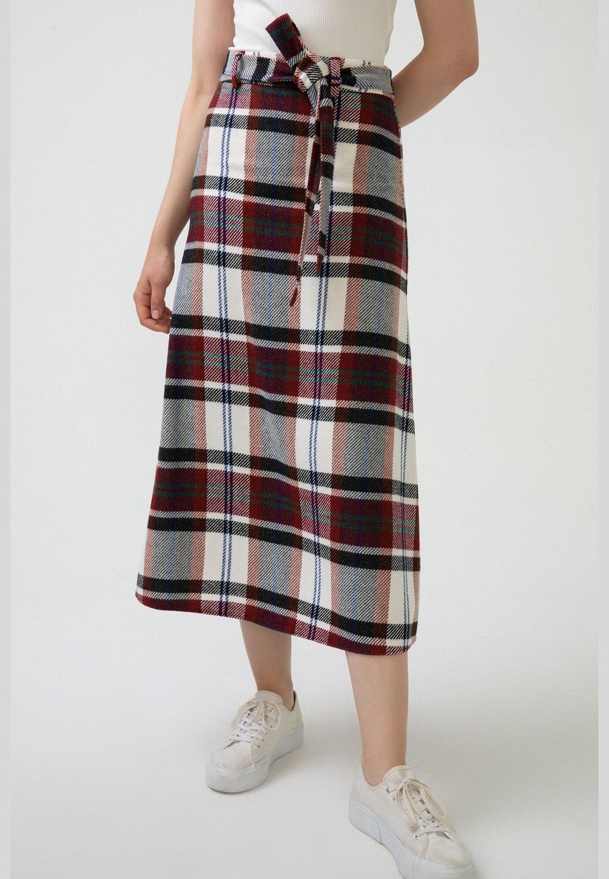 BELTED PLAID SKIRT