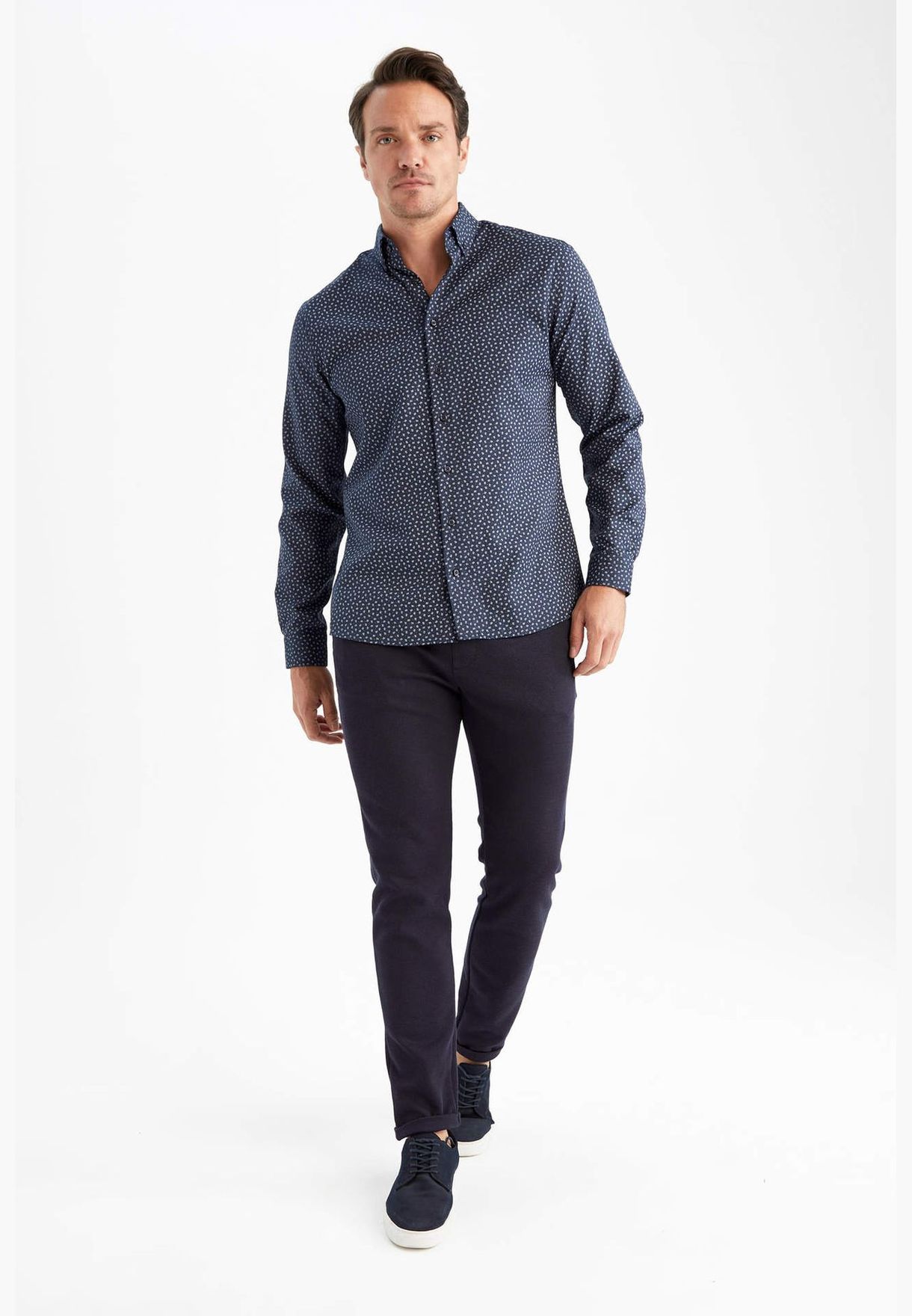 Man Modern Fit Button Polo Neck Woven Long Sleeve Shirt