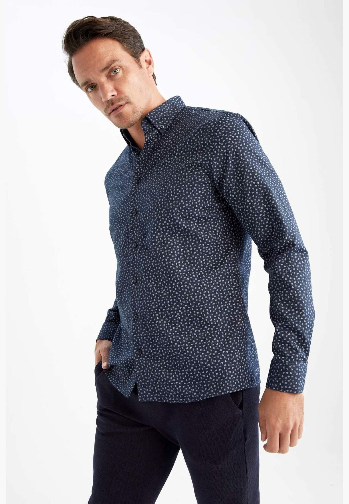 Man Modern Fit Button Polo Neck Woven Long Sleeve Shirt