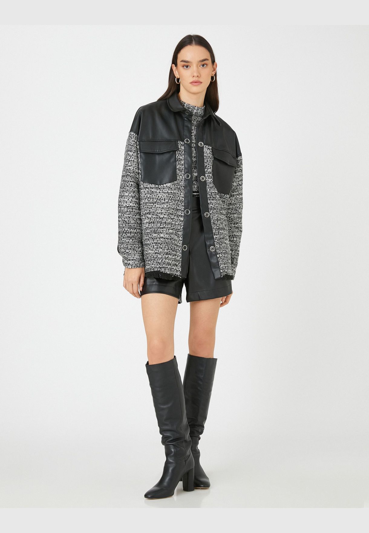 Faux Leather Detail Shirt Jacket Pocket Snap Button