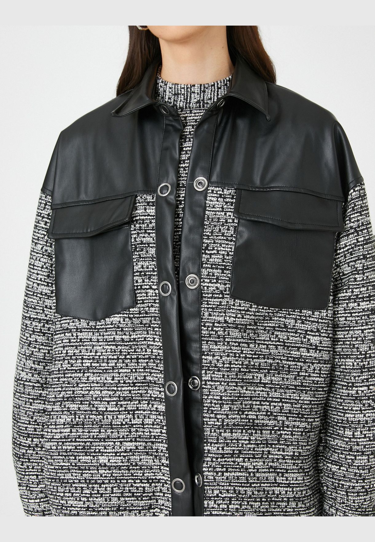 Faux Leather Detail Shirt Jacket Pocket Snap Button