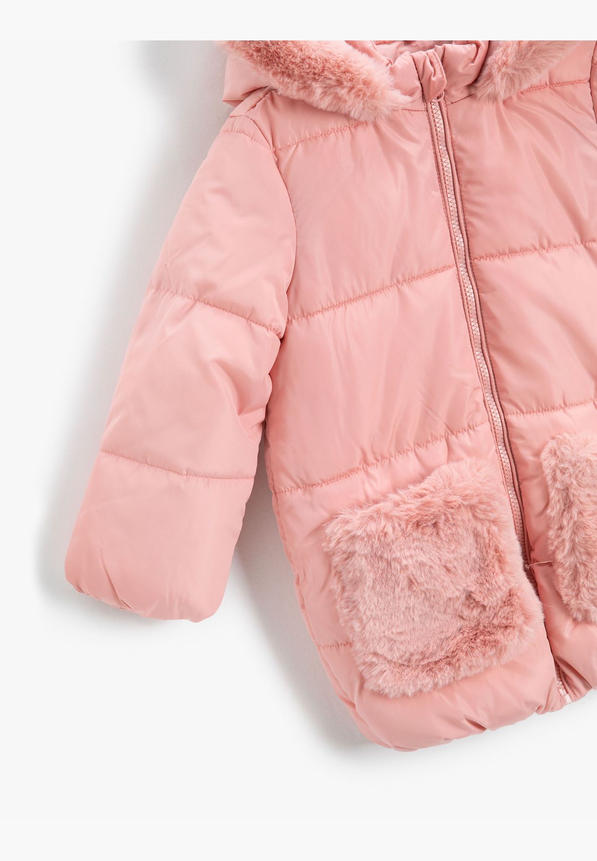 Long Coat Faux Fur Detail Padded Elastic Cuffs