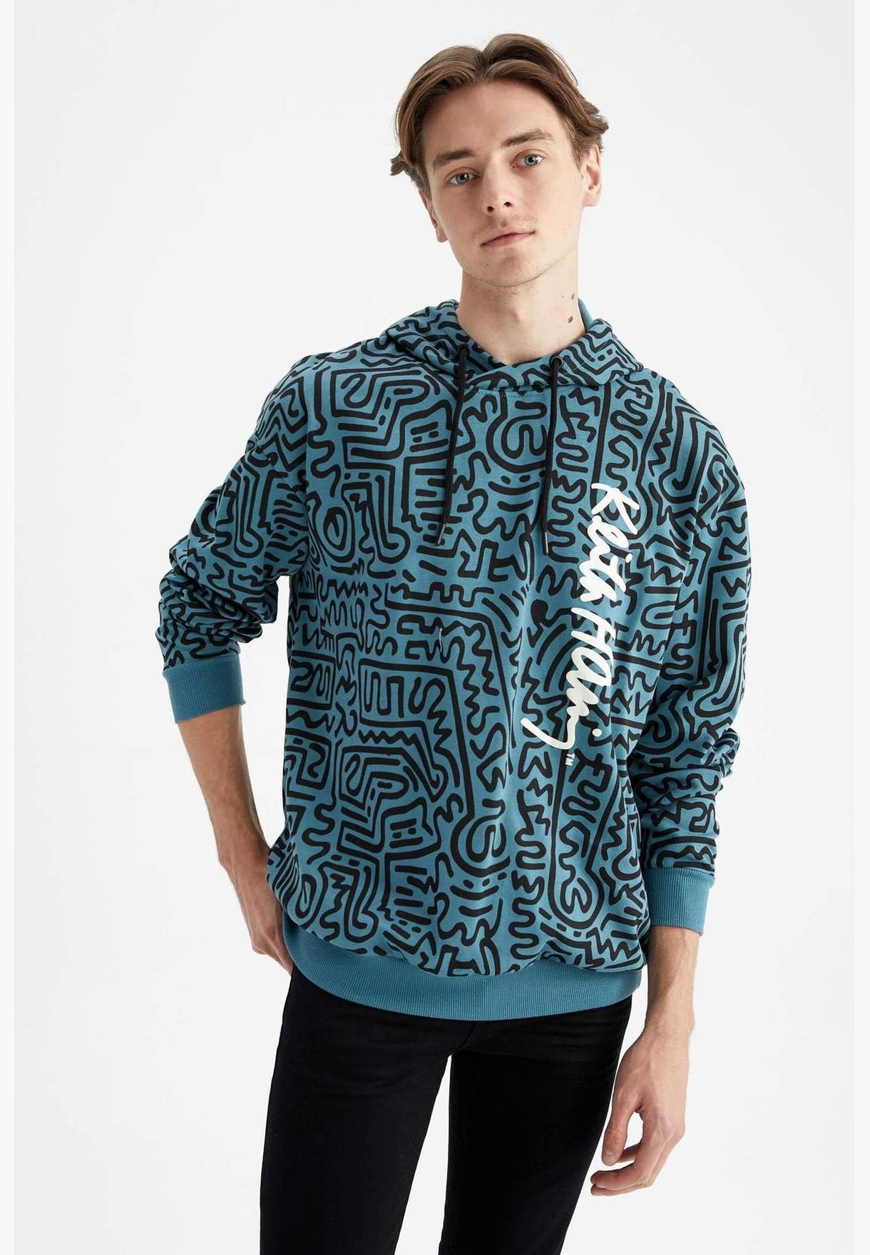 Man Keith Haring Licenced Boxy Fit Hooded Knitted Sweat Shirt