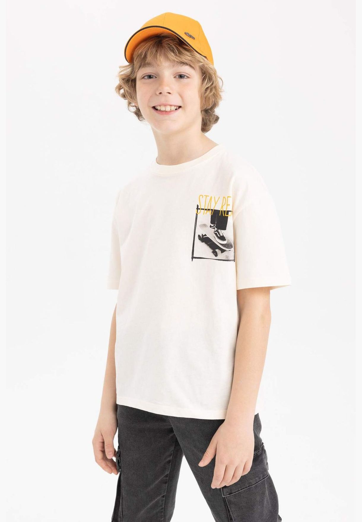 Buy Defacto beige Boy Oversize Fit Crew Neck Knitted Short Sleeve T ...