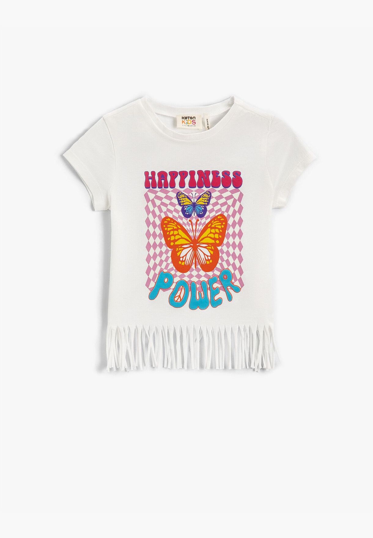 Butterfly Printed Tasseled T-Shirt Cotton Short Sleeve