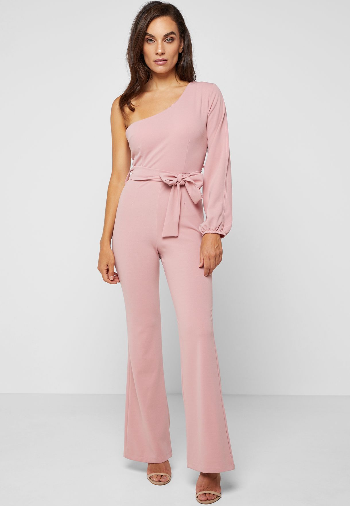 one shoulder pink jumpsuit