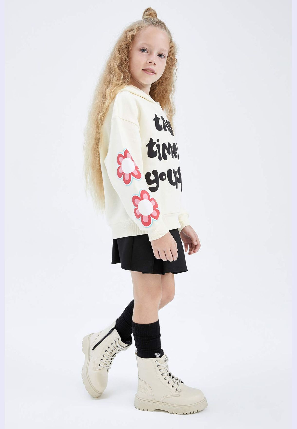 Girl Relax Fit Hooded Long Sleeve Knitted Sweat Shirt