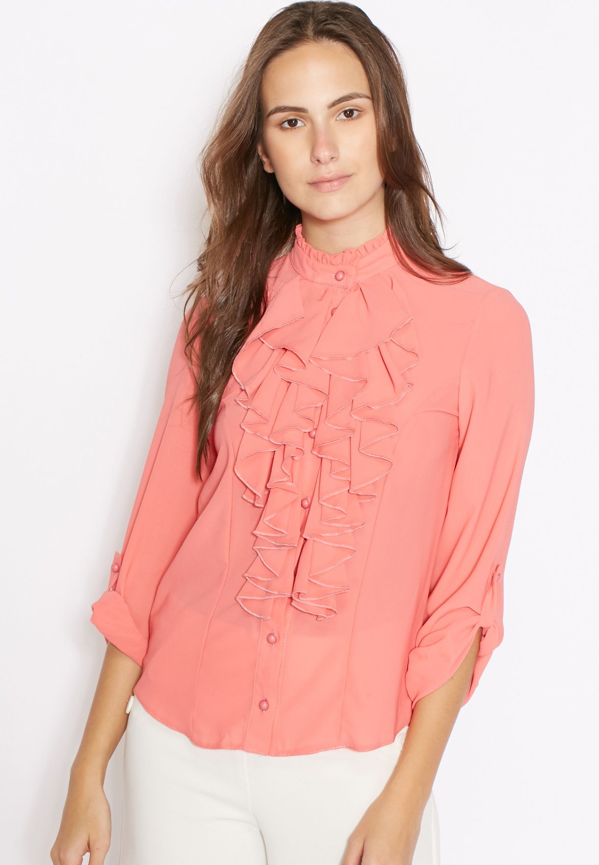 pink ruffle neck blouse