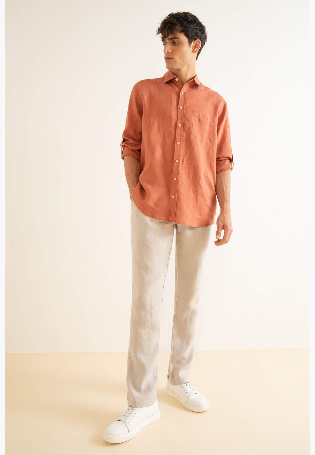 Man Regular Fit Polo Neck Woven Top Long Sleeve Shirt
