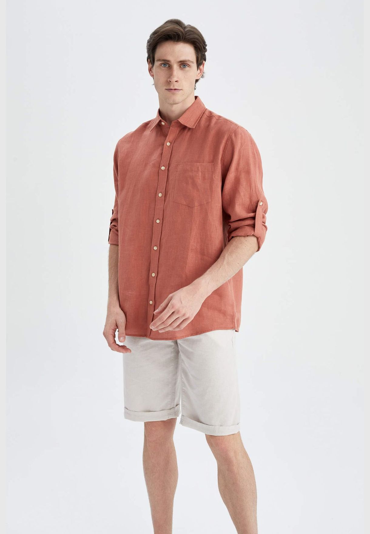 Man Regular Fit Polo Neck Woven Top Long Sleeve Shirt