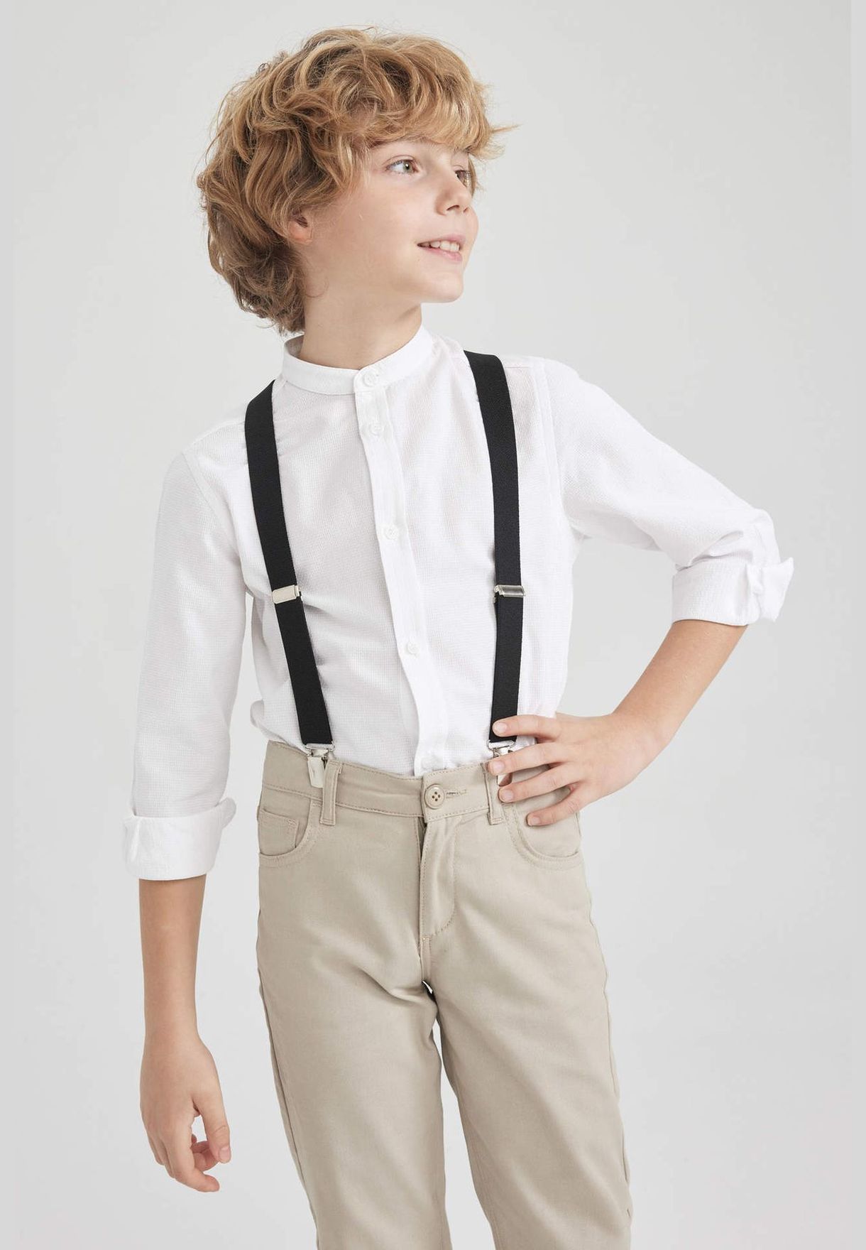 Boy Stand- Up Collar Woven Long Sleeve Shirt