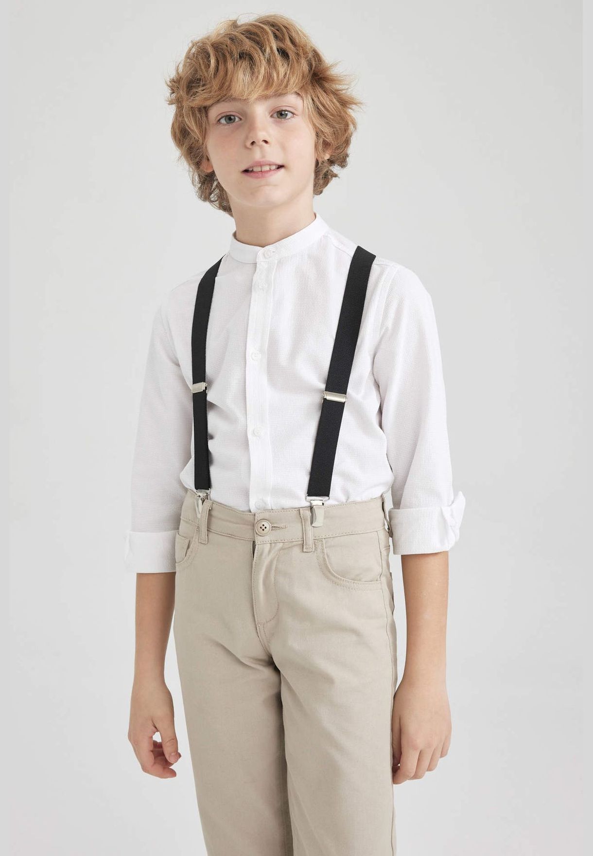 Boy Stand- Up Collar Woven Long Sleeve Shirt